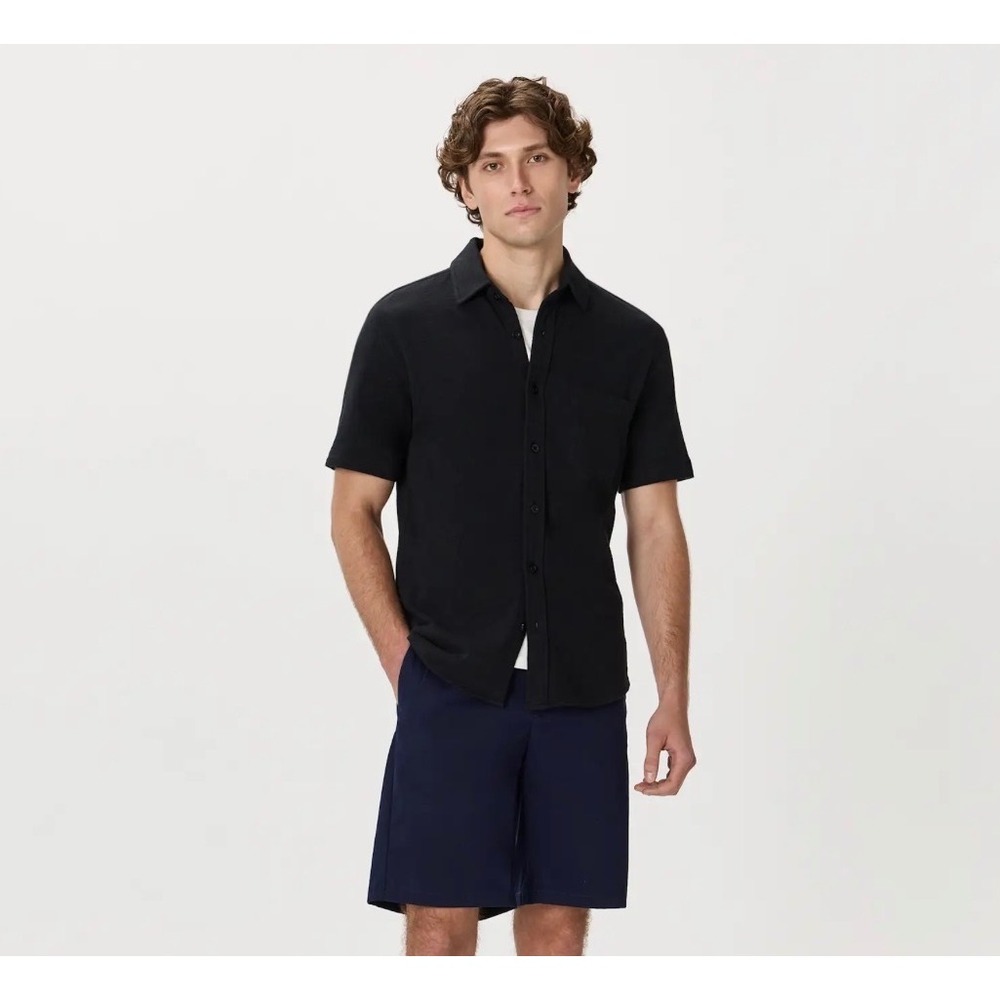 Quince Mens Organic Cotton Slub Short Sleeve Button Up Shirt Black M LB43307
